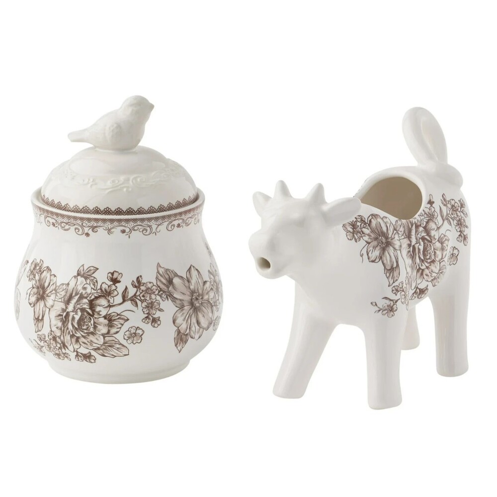 Pioneer Woman Agatha Brown Sugar Bowl & Creamer Set Stoneware White Home Gift